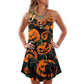 Halloween Tropical Black Cat Pumpkin – Women's Summer Sleeveless V-Neck Camisole Dress