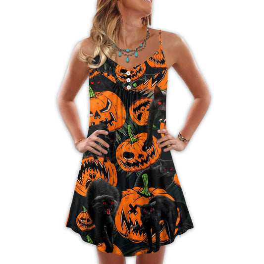 Halloween Tropical Black Cat Pumpkin – Women's Summer Sleeveless V-Neck Camisole Dress
