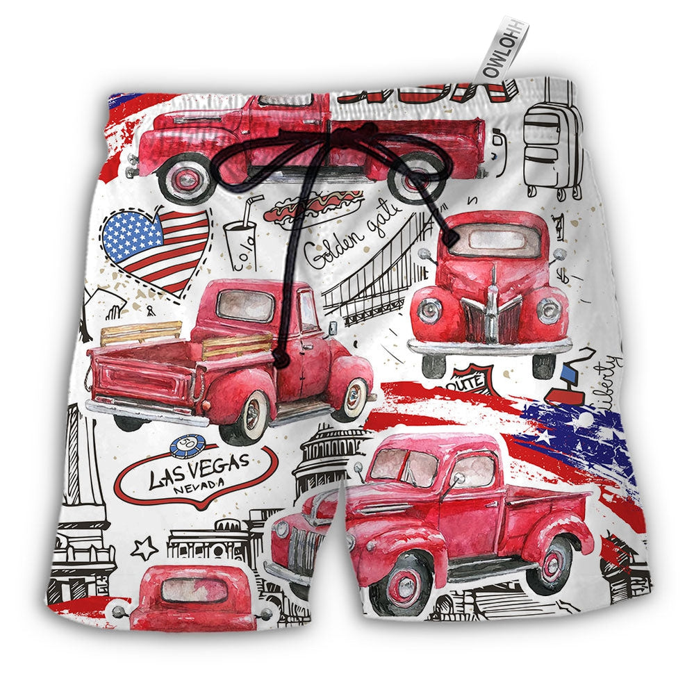 Beach Short / Adults / S Truck Red USA Flag Independence Day - Beach Short - Owls Matrix LTD