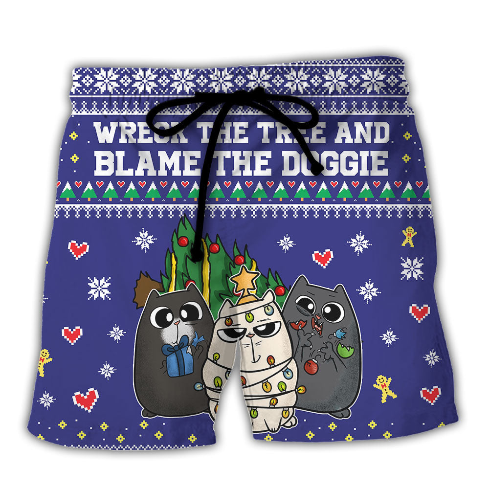 Cat Wreck The Tree Meowy Christmas Heart - Beach Short
