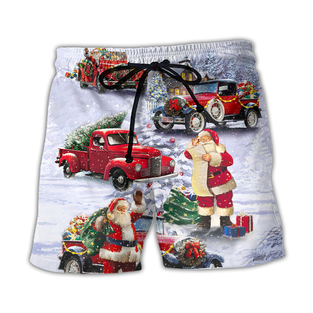 Santa Red Truck Christmas Gift Art - Beach Short