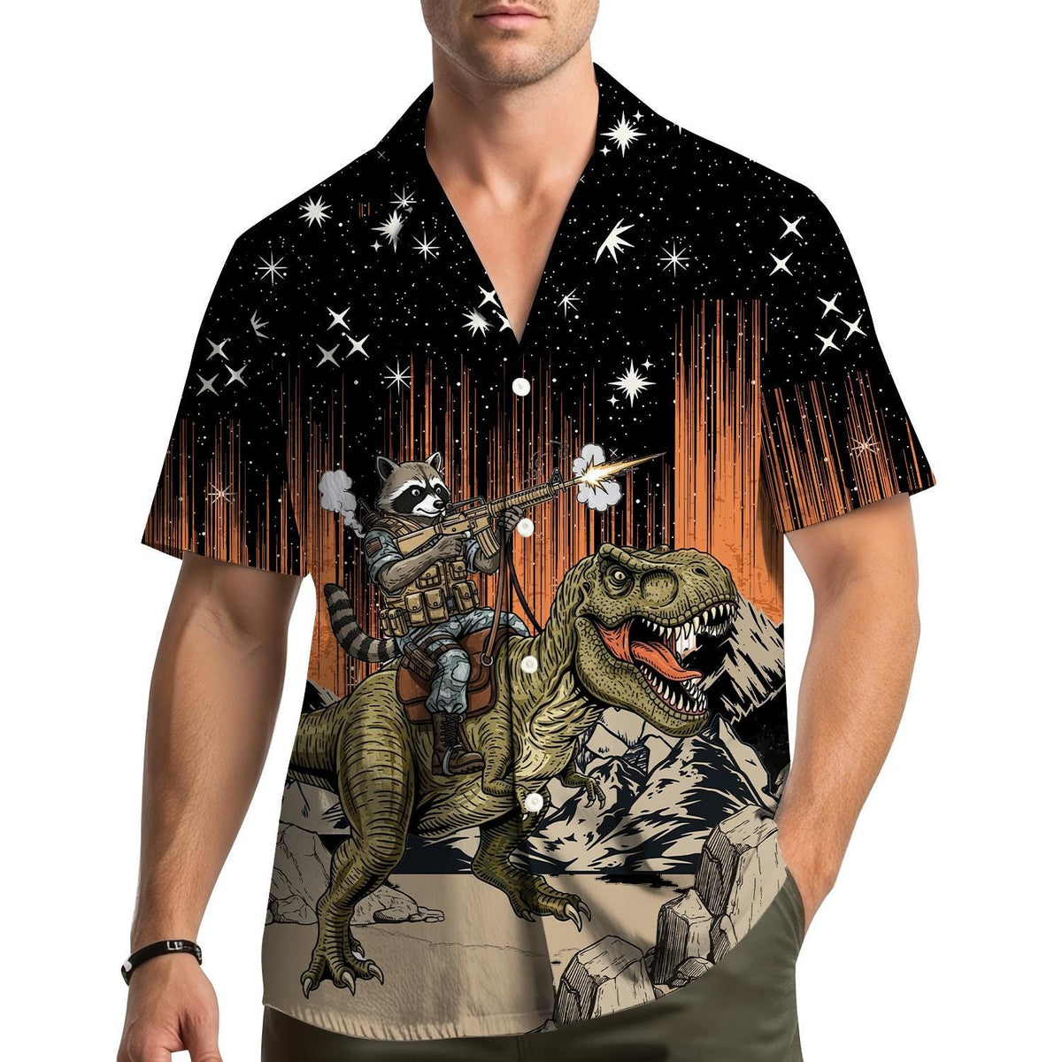 Funny Raccoon Riding T-Rex Space Galaxy Adventure – Hawaiian Shirt