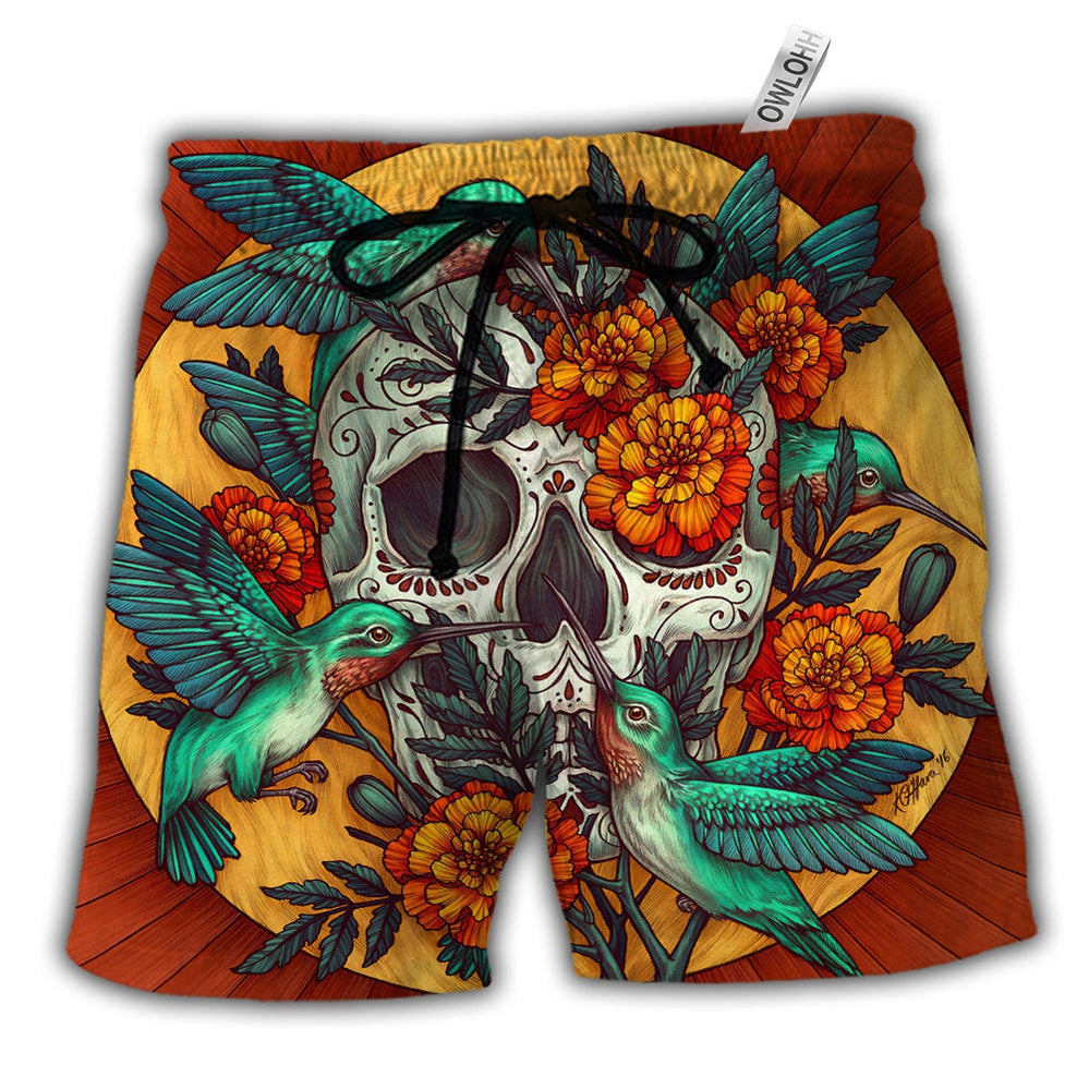 Beach Short / Adults / S Skull Floral Skull Hummingbird - Beach Short - Owls Matrix LTD