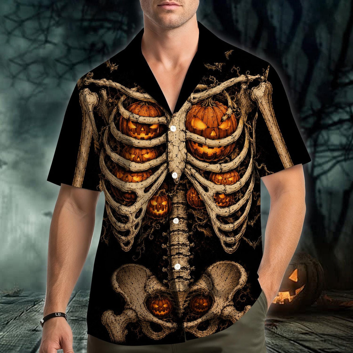 Spooky Skeleton Pumpkin Ribcage Gothic Halloween – Hawaiian Shirt
