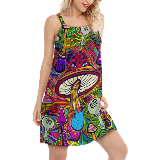 Hypnotic Hippie Mushroom Art – Women's Summer Sleeveless V-Neck Camisole Dress