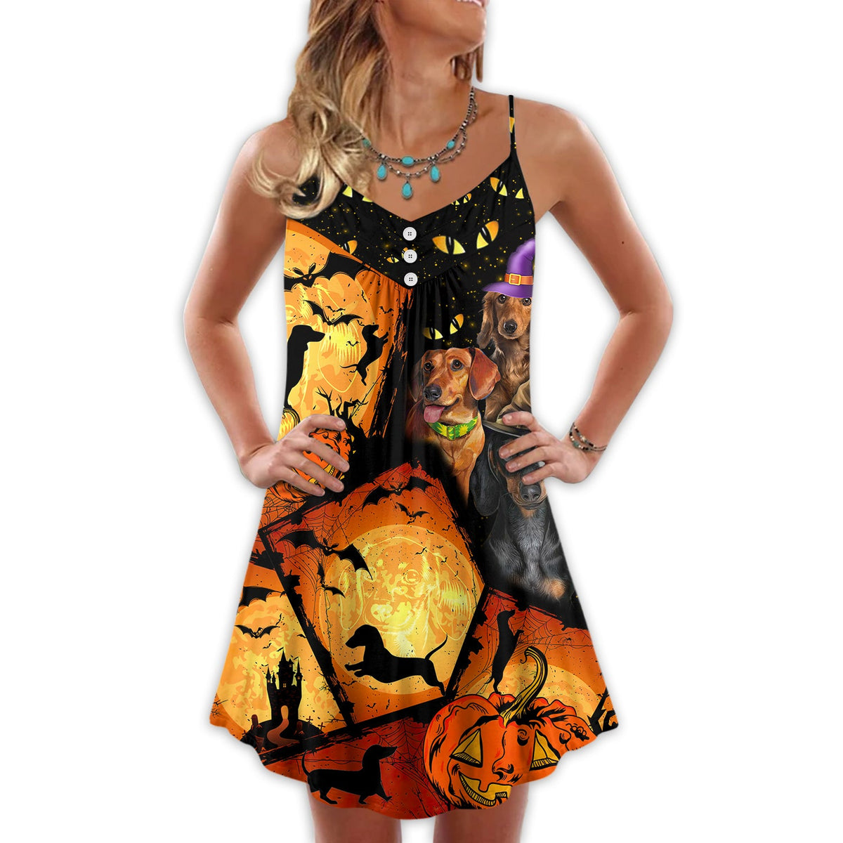 Halloween Dachshund Pumpkin Scary – Women's Summer Sleeveless V-Neck Camisole Dress