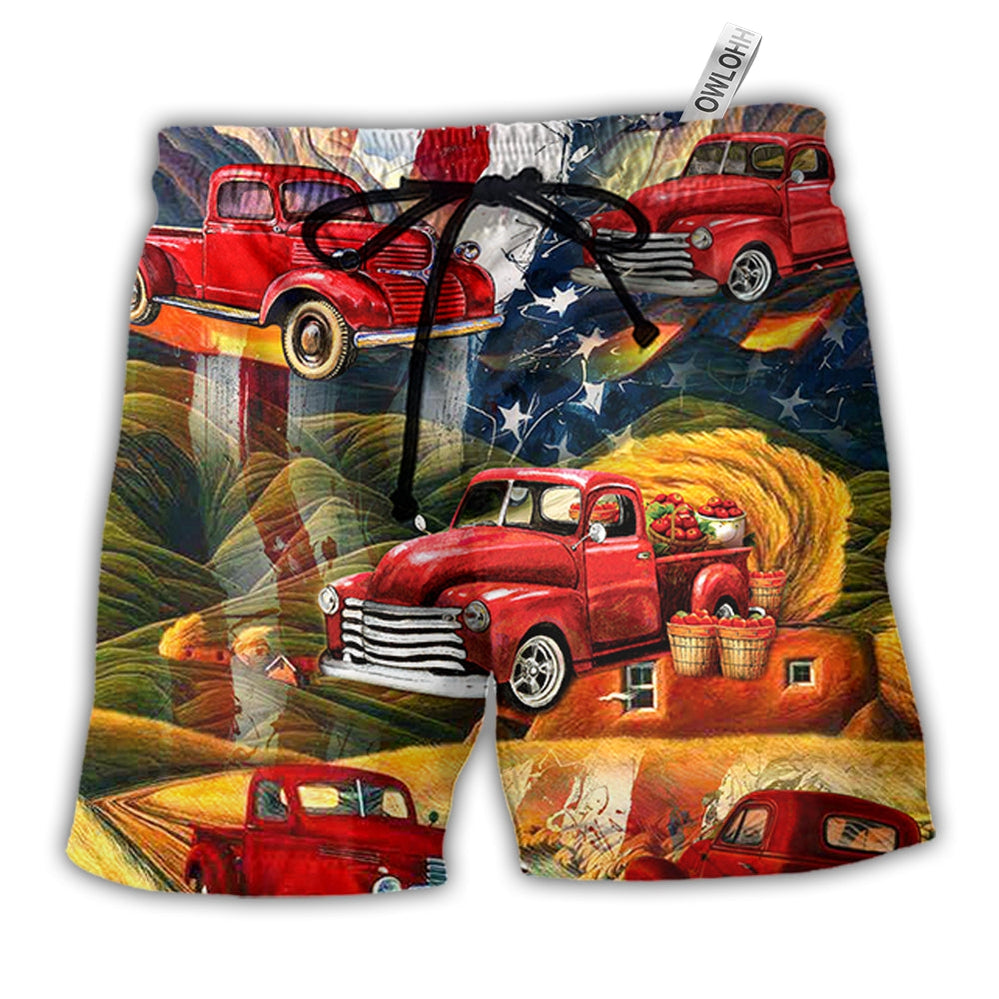Beach Short / Adults / S Car Independence Day Red Car Vintage - Beach Short - Owls Matrix LTD