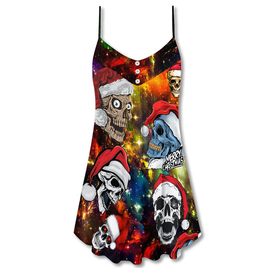 Christmas Skull Santa Hat Theme – Women's Summer Sleeveless V-Neck Camisole Dress