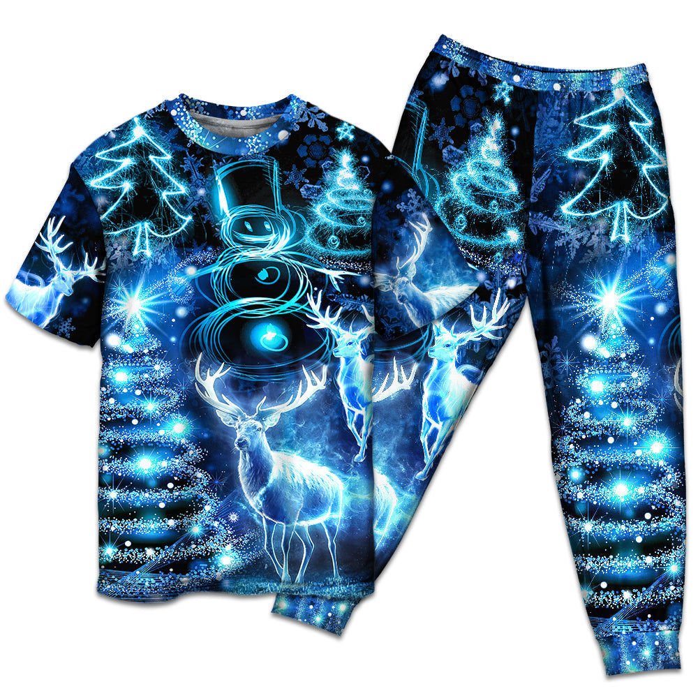 T-shirt + Pants / S Christmas Deer Snowman Tree Glow Light Style - Pajamas Short Sleeve - Owls Matrix LTD