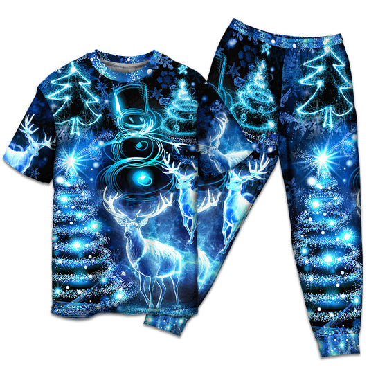 T-shirt + Pants / S Christmas Deer Snowman Tree Glow Light Style - Pajamas Short Sleeve - Owls Matrix LTD