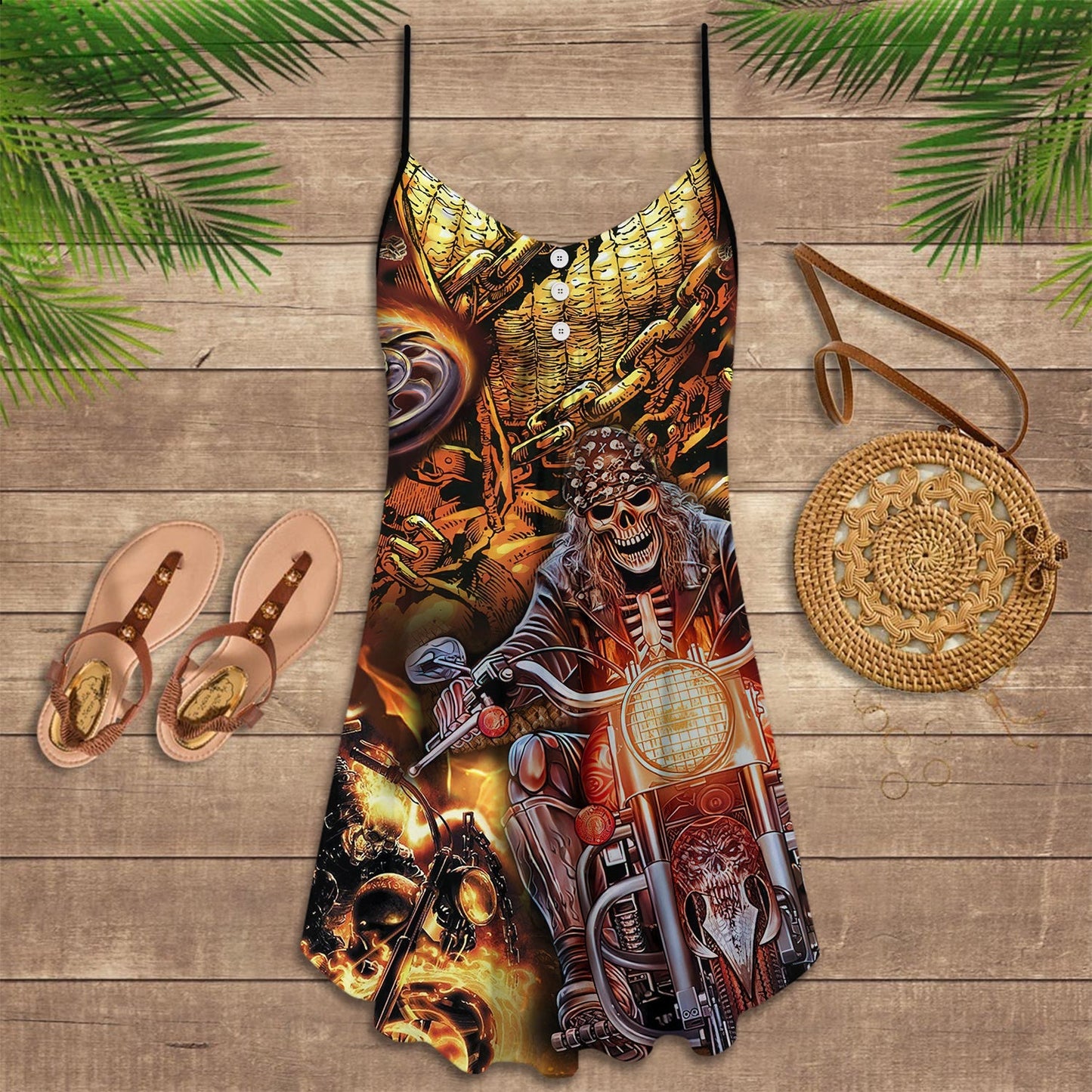 Motorcycle Skull Racing Fast – Women's Summer Sleeveless V-Neck Camisole Dress
