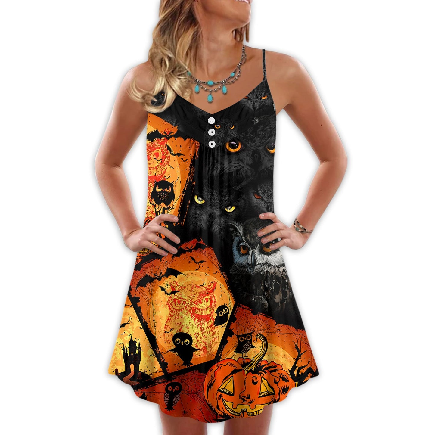 Halloween Owl Pumpkin Scary – Women's Summer Sleeveless V-Neck Camisole Dress