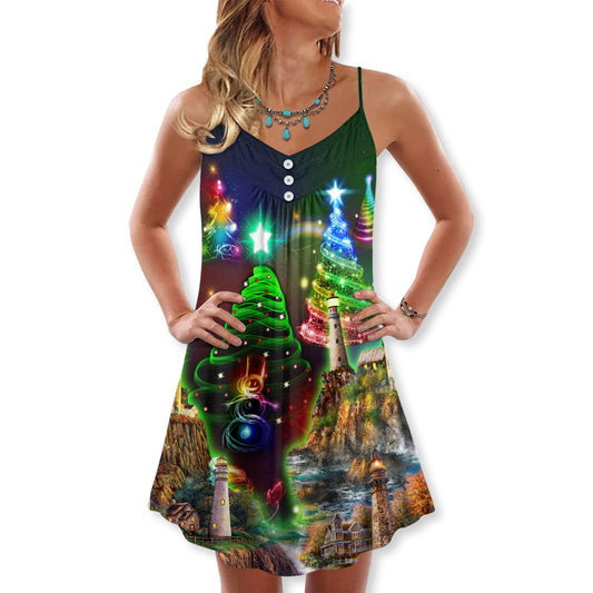 Christmas Lighthouse Merry Holiday – Women's Summer Sleeveless V-Neck Camisole Dress