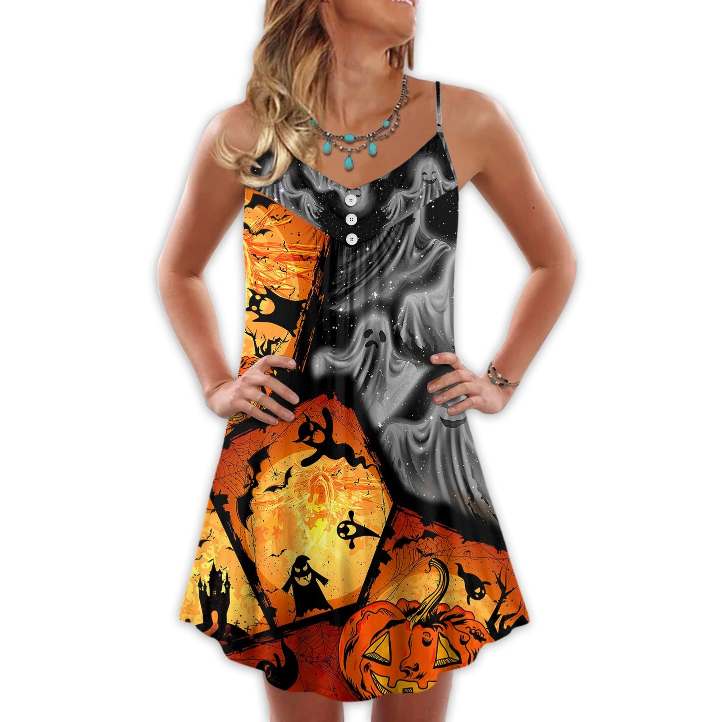 Halloween Ghost Pumpkin Scary – Women's Summer Sleeveless V-Neck Camisole Dress