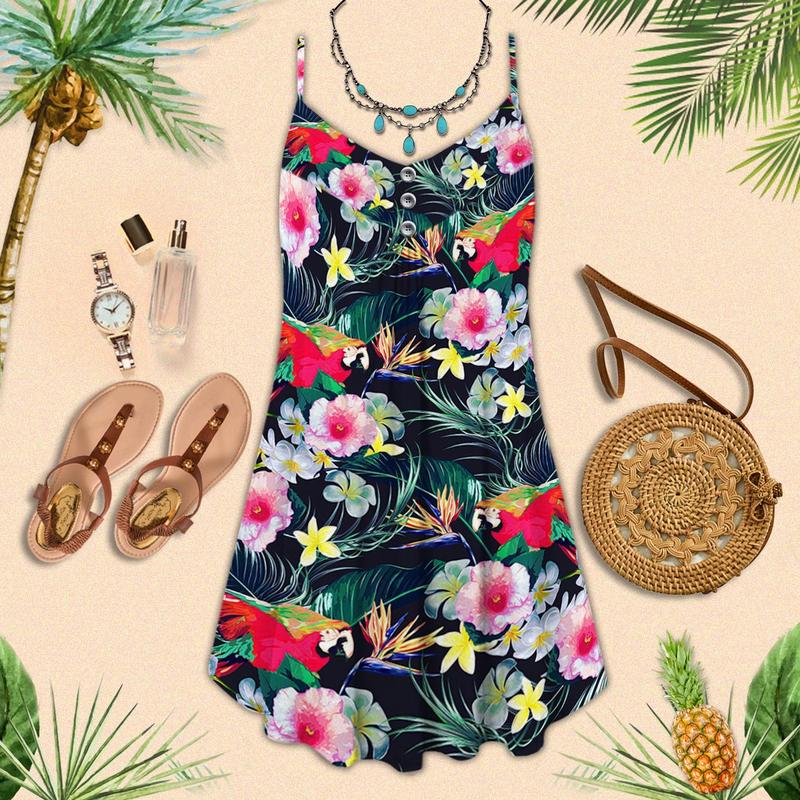 Tropical Parrot Summer Style – Women's Summer Sleeveless V-Neck Camisole Dress