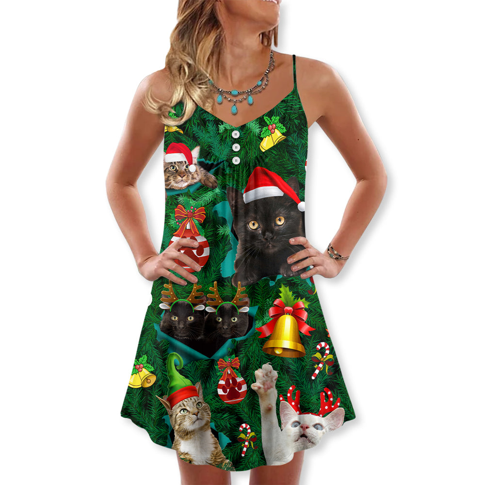 Christmas Cats Meowy Holiday – Women's Summer Sleeveless V-Neck Camisole Dress