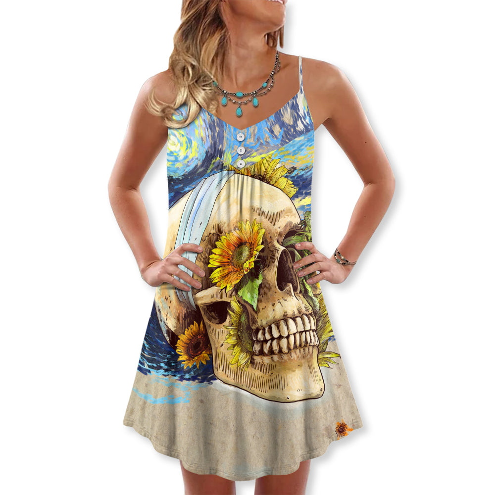 Skull And Sunflower Vintage Starry Night – Women's Summer Sleeveless V-Neck Camisole Dress