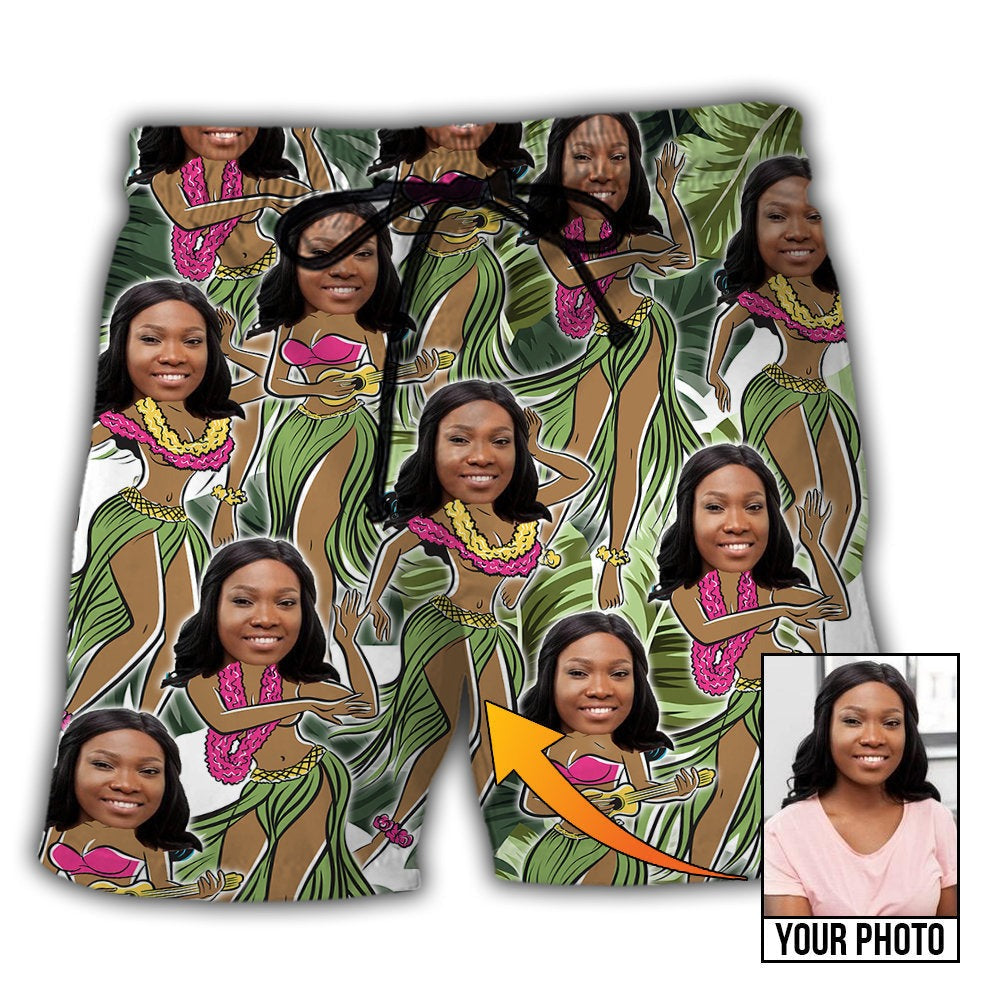 Woman Face Tropical Leaves Custom Photo – Beach Short