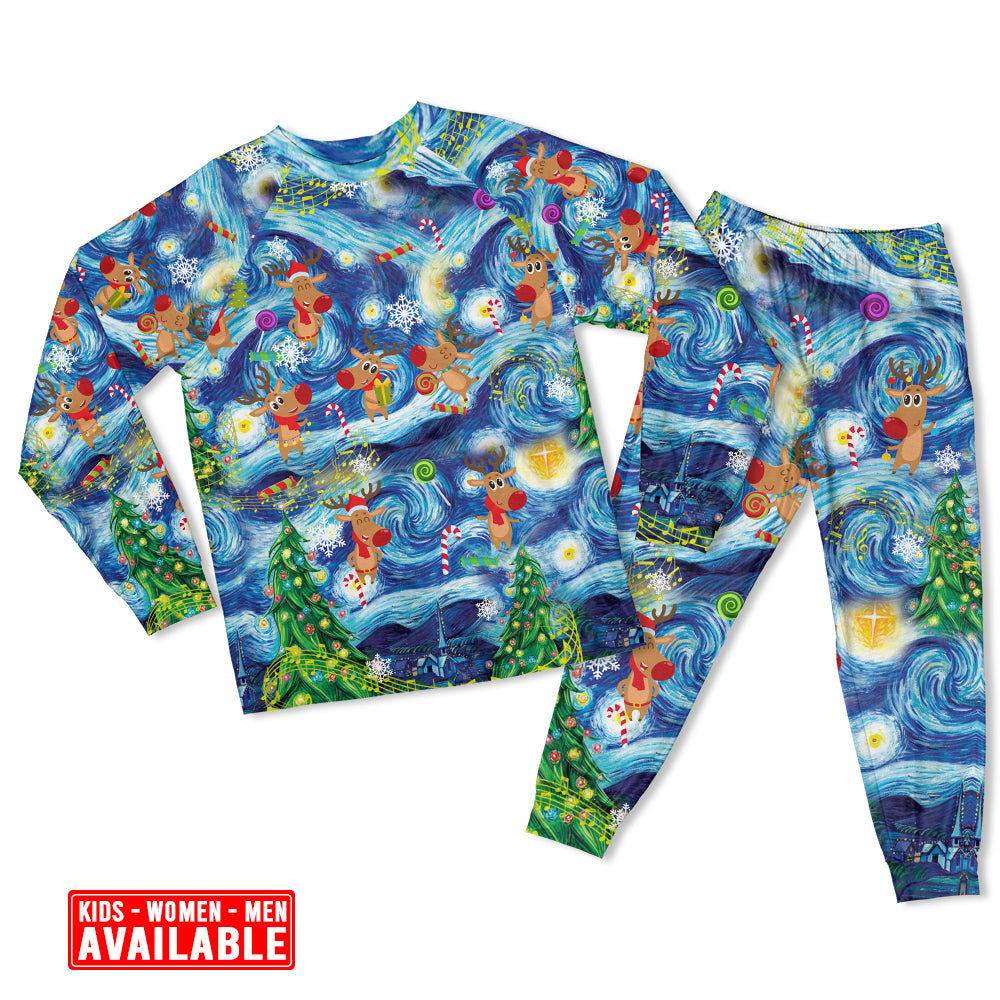 Women / S Christmas Dancing Reindeers Happy - Pajamas Long Sleeve - Owls Matrix LTD