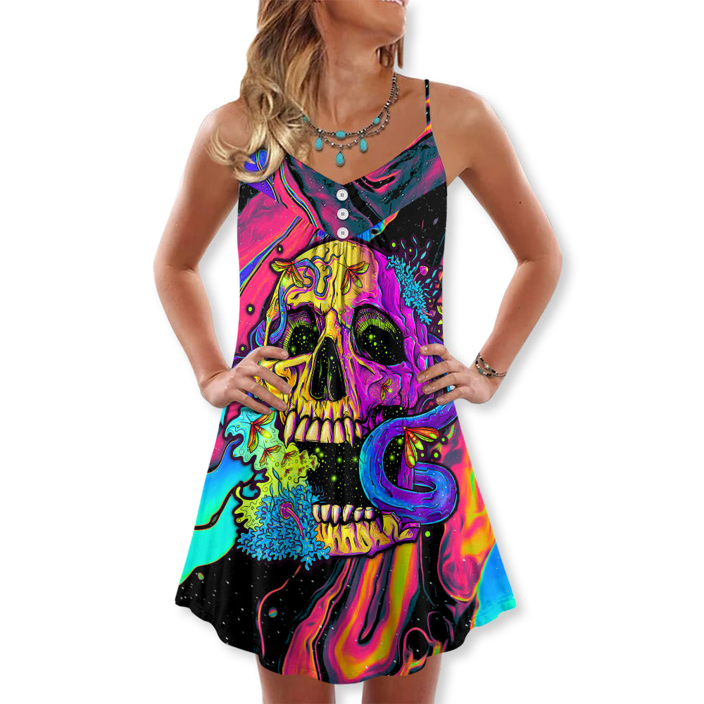 Skull And Moth Neon Butterfly Night – Women's Summer Sleeveless V-Neck Camisole Dress