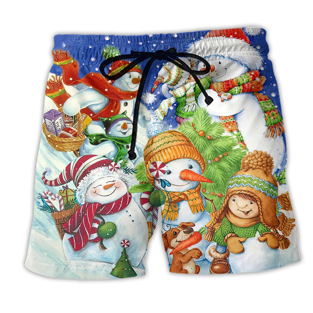 Snowman Merry Christmas Winter Night - Beach Short