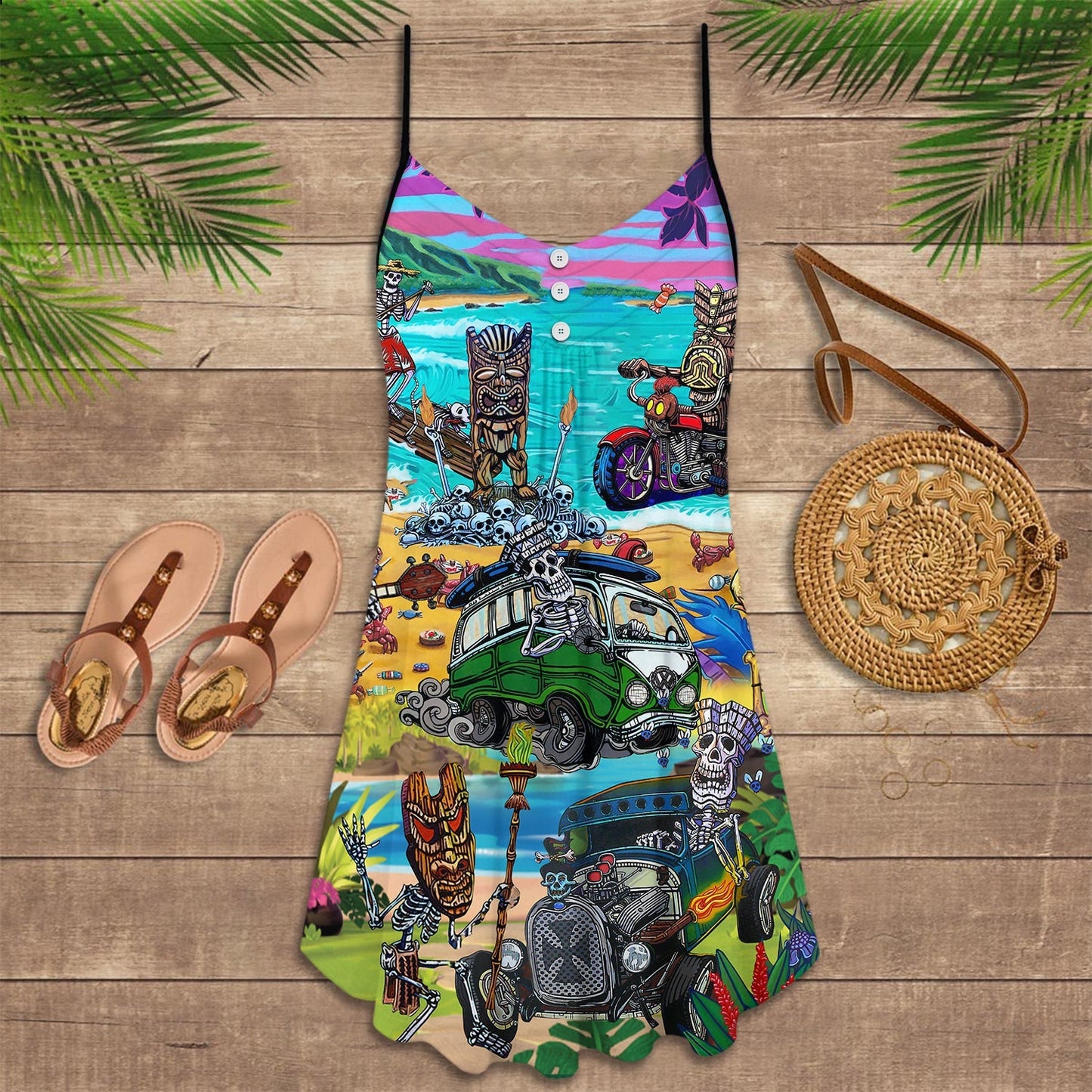 Skull No Fear No Pain – Women's Summer Sleeveless V-Neck Camisole Dress