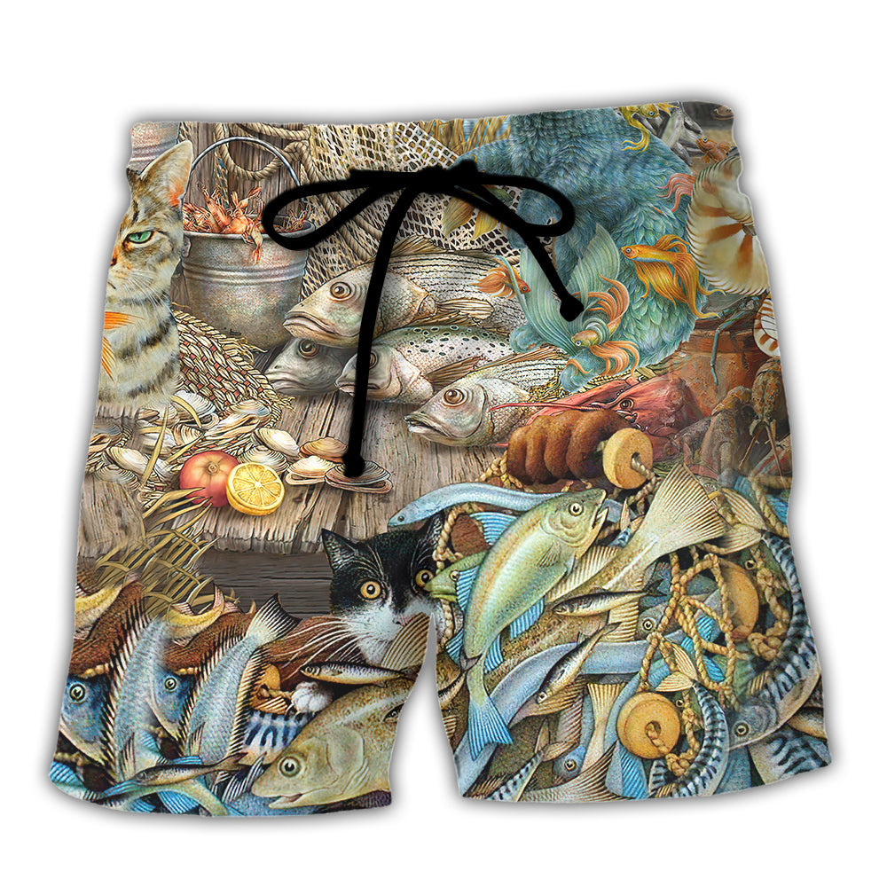 Cat Loves Fish Ocean Delicious Meal – Beach Short