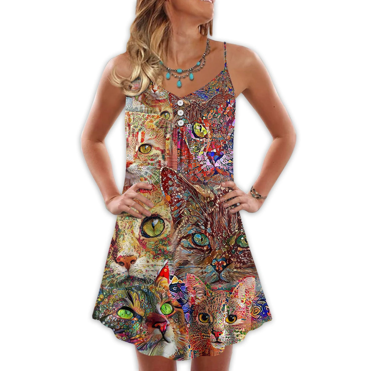 Colorful Cat Art Lover – Women's Summer Sleeveless V-Neck Camisole Dress
