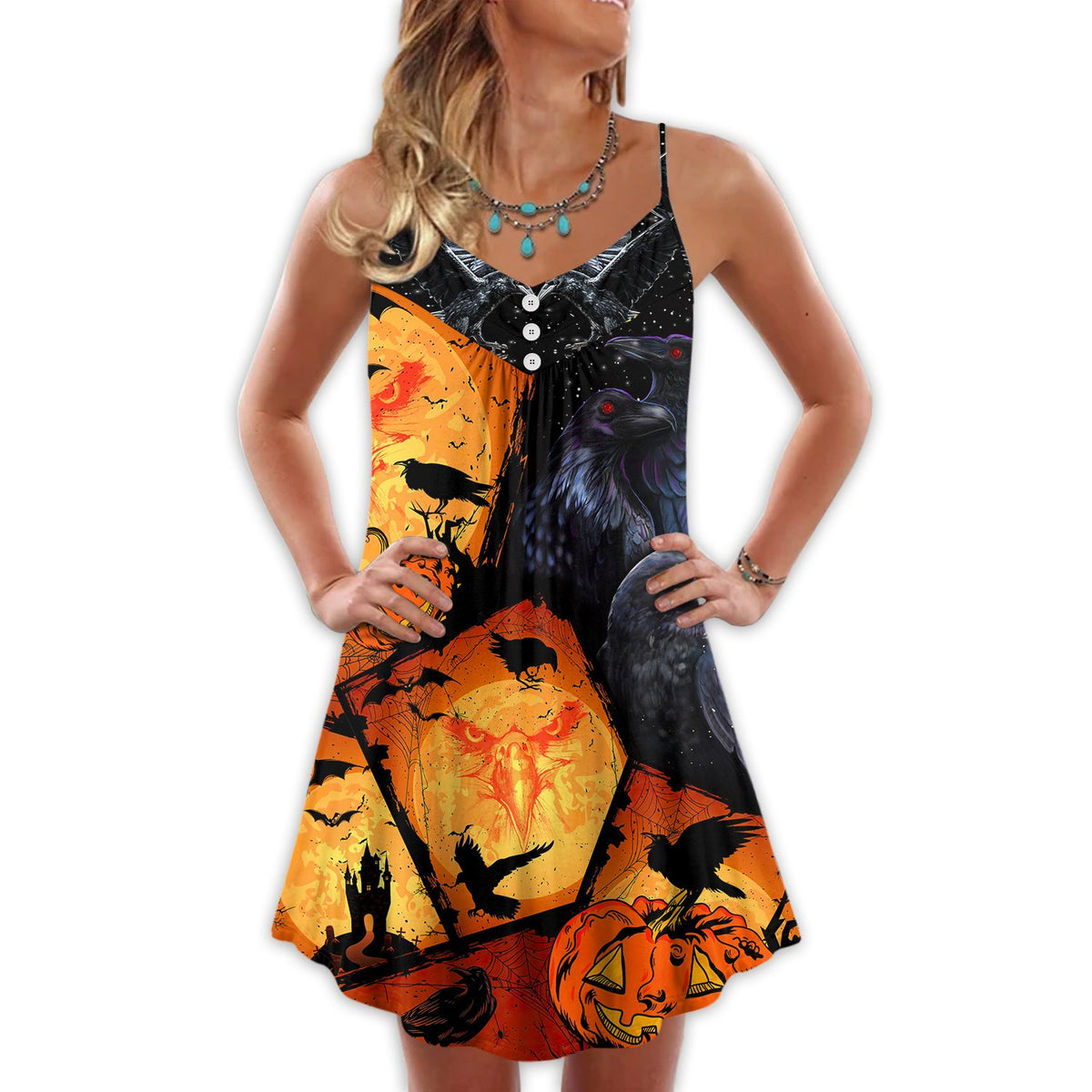 Halloween Raven Pumpkin Scary – Women's Summer Sleeveless V-Neck Camisole Dress