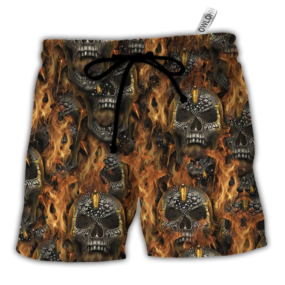Beach Short / Adults / S Skull Bullet Head Shot Fire - Beach Short - Owls Matrix LTD