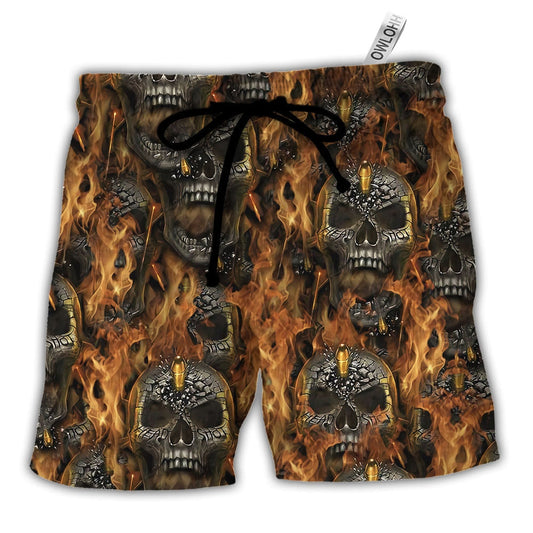 Beach Short / Adults / S Skull Bullet Head Shot Fire - Beach Short - Owls Matrix LTD