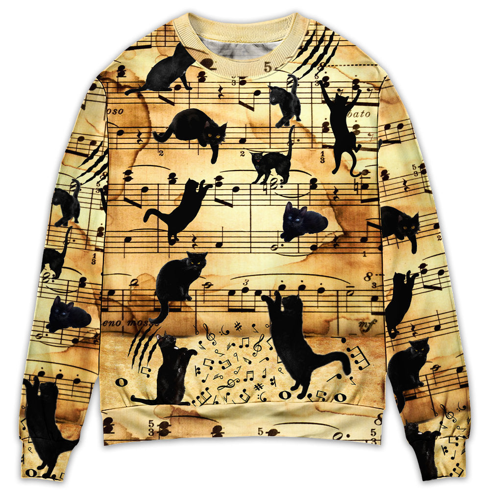 Black Cat Love Music Notes Art – Sweater - Ugly Christmas Sweater