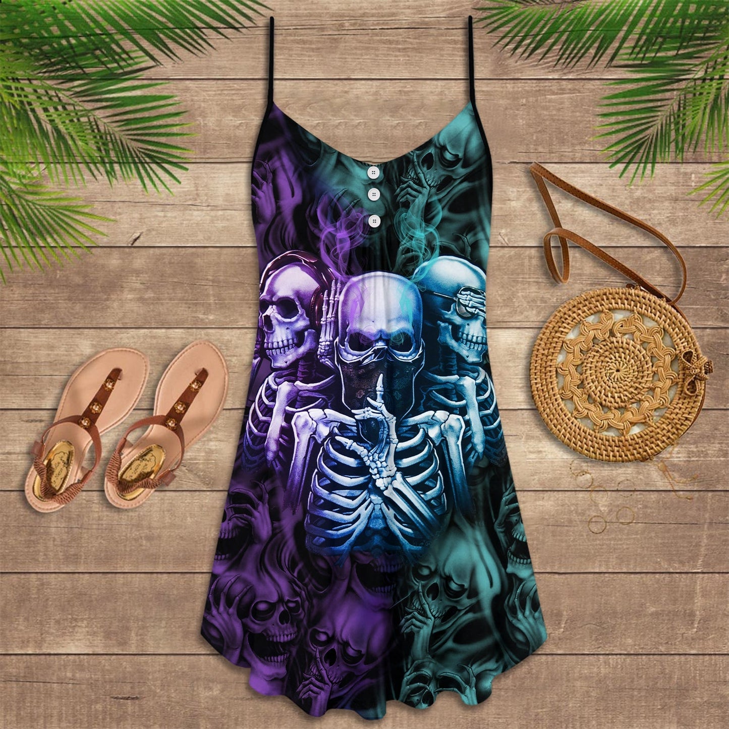 Screaming Blue Skull Art – Women's Summer Sleeveless V-Neck Camisole Dress