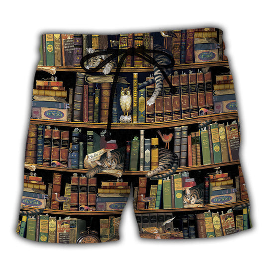 Beach Short / Adults / S Book And Cat Vintage - Beach Short - BEAS02LIN140622 - Owls Matrix LTD