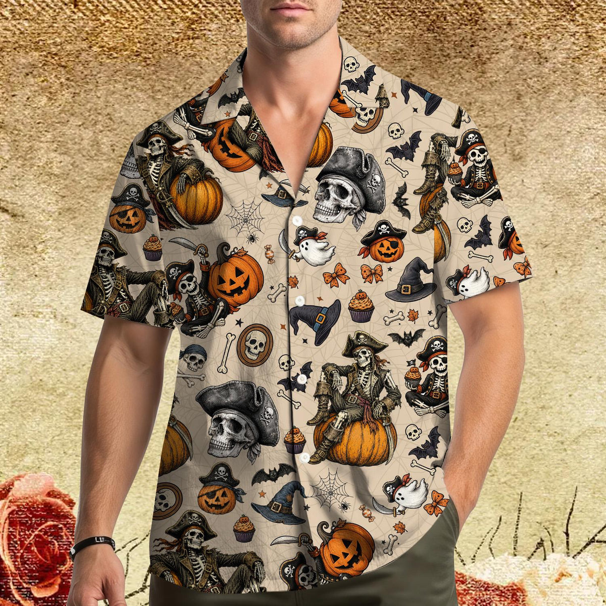 Pirate Skull Skeleton Pumpkin Spooky Halloween – Hawaiian Shirt