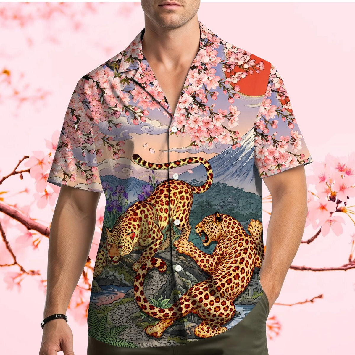 Japanese Cherry Blossom Mount Fuji Leopard Floral – Hawaiian Shirt