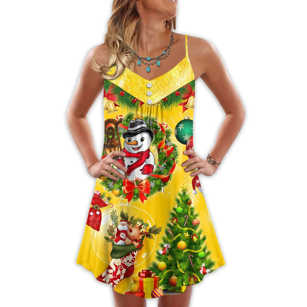 Funny Snowman Christmas Tree Lights – Women's Summer Sleeveless V-Neck Camisole Dress
