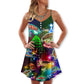 Turtle Neon Tree Merry Christmas – Women's Summer Sleeveless V-Neck Camisole Dress