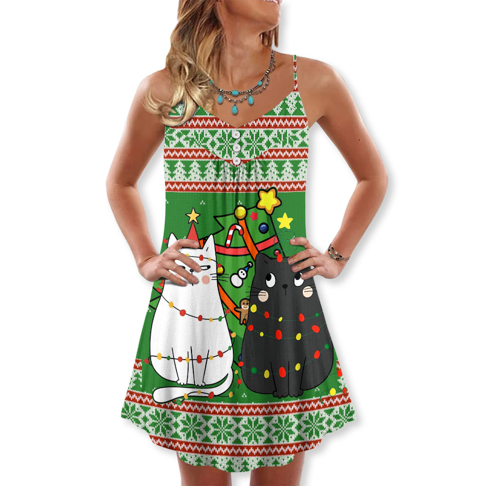 Christmas Meowy Cat Tree Fun – Women's Summer Sleeveless V-Neck Camisole Dress