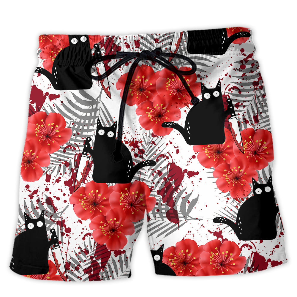 Black Cat With Red Stain Art – Beach Short