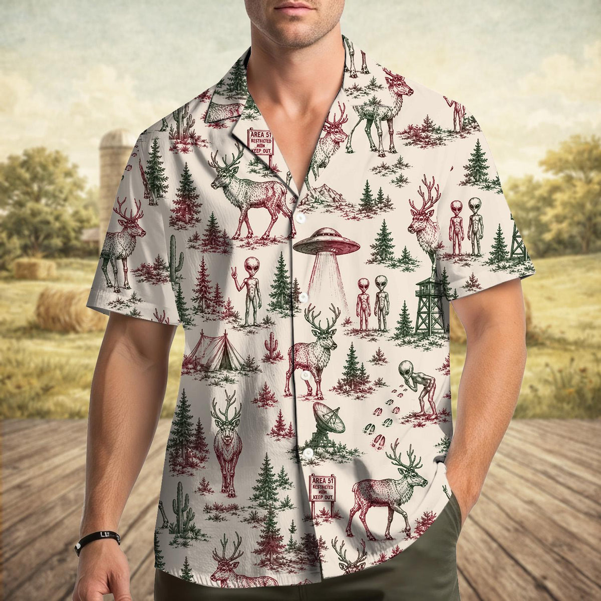 Funny Alien Vintage UFO Forest Space – Hawaiian Shirt