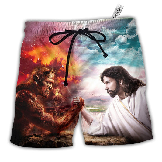 Beach Short / Adults / S Wrestling Arm Wrestling Jesus vs Satan - Beach Short - Owls Matrix LTD