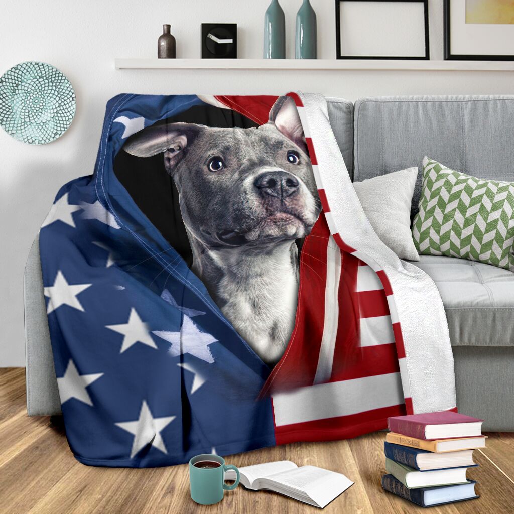 Pitbull Opened American Flag Flannel Blanket For Relaxing At Home And Travel