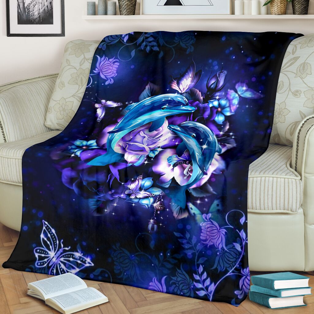 Dolphin And Blue Flowers Flannel Blanket For Living Room And Bedroom Styling