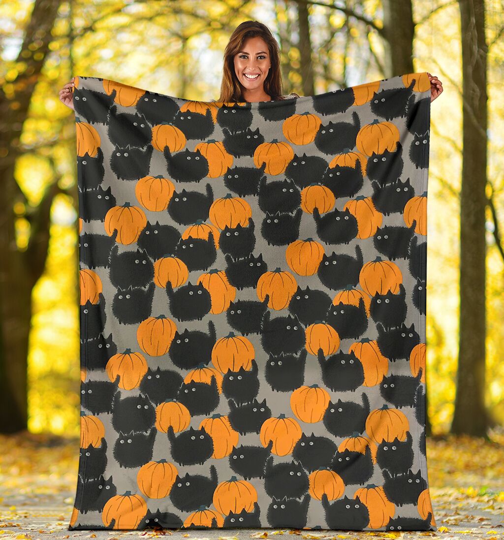 Halloween Pumpkin Black Cat Flannel Blanket For Cozy Home Lounging And Gifting