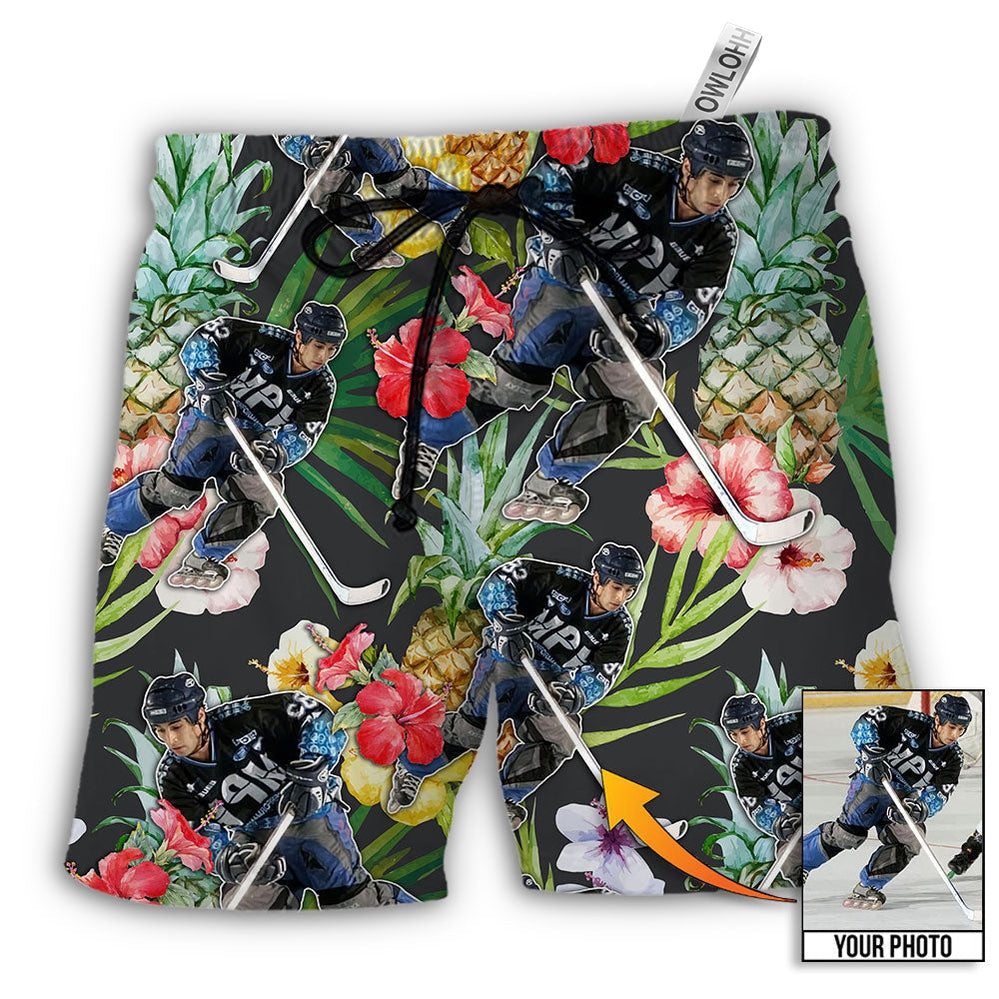 Beach Short / Adults / S Hockey Tropical Flower Custom Photo - Beach Short - Owls Matrix LTD