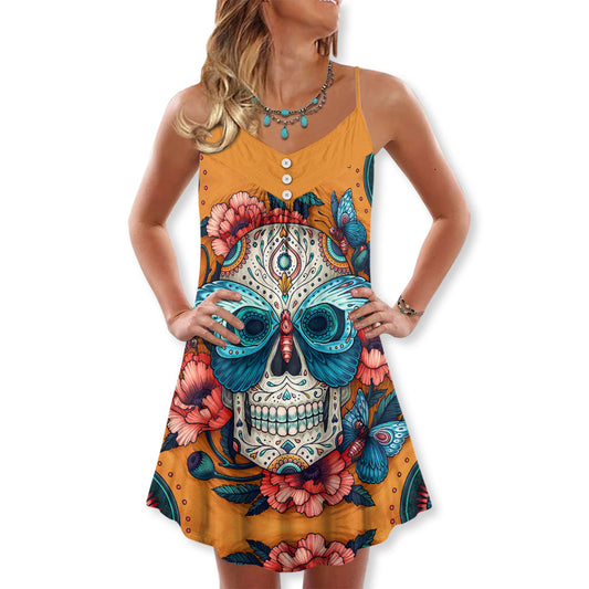 Abstract Skull And Butterfly Vintage – Women's Summer Sleeveless V-Neck Camisole Dress