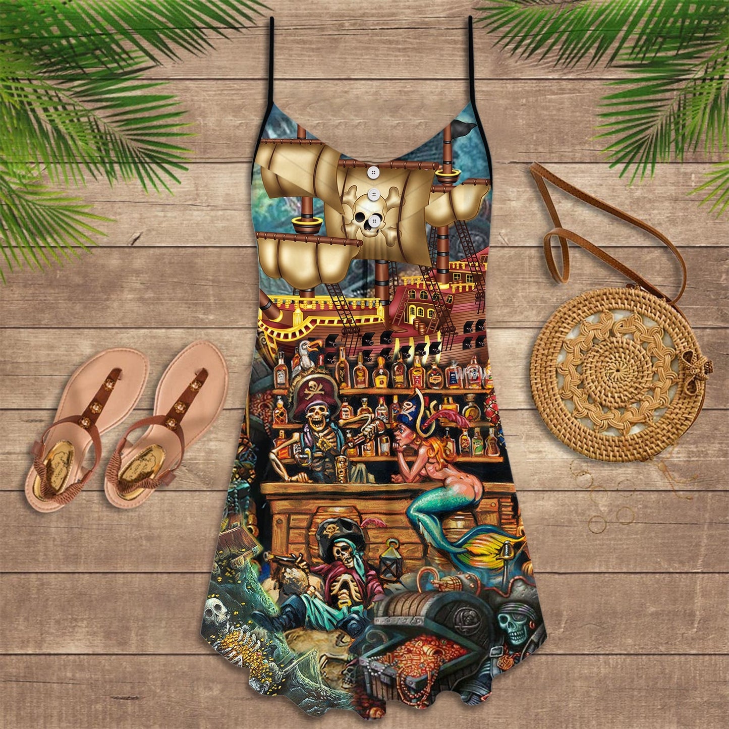 Skull Pirate Treasure Hunt – Women's Summer Sleeveless V-Neck Camisole Dress