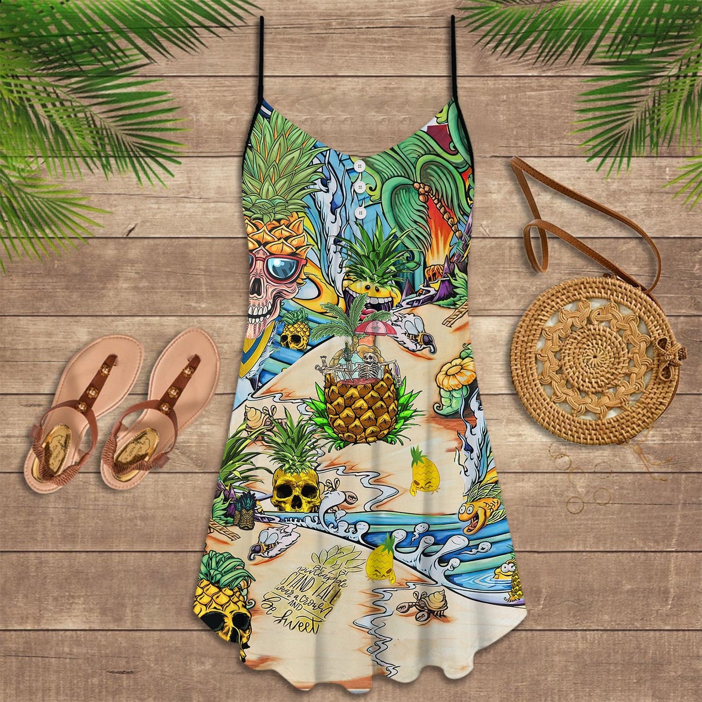 Skull Pineapple Tropical Style – Women's Summer Sleeveless V-Neck Camisole Dress