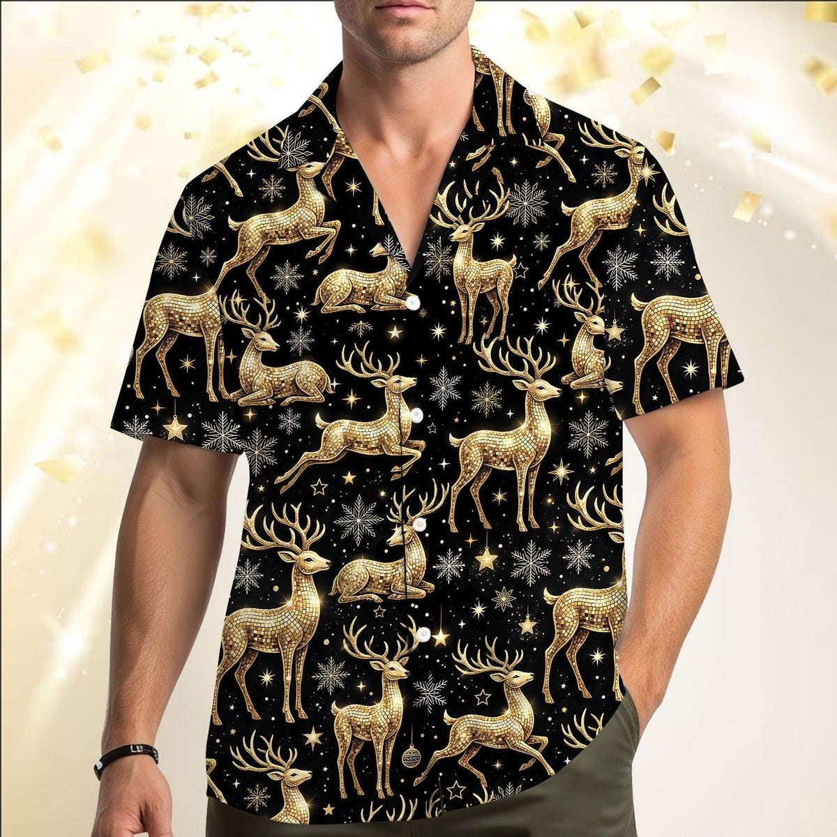 Golden Reindeer Snowflake Elegant Christmas Holiday – Hawaiian Shirt